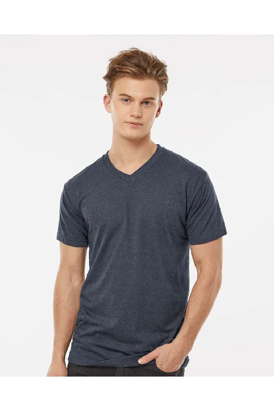 Tultex Mens Poly-Rich Short Sleeve V-Neck T-Shirt - Heather Navy Blue