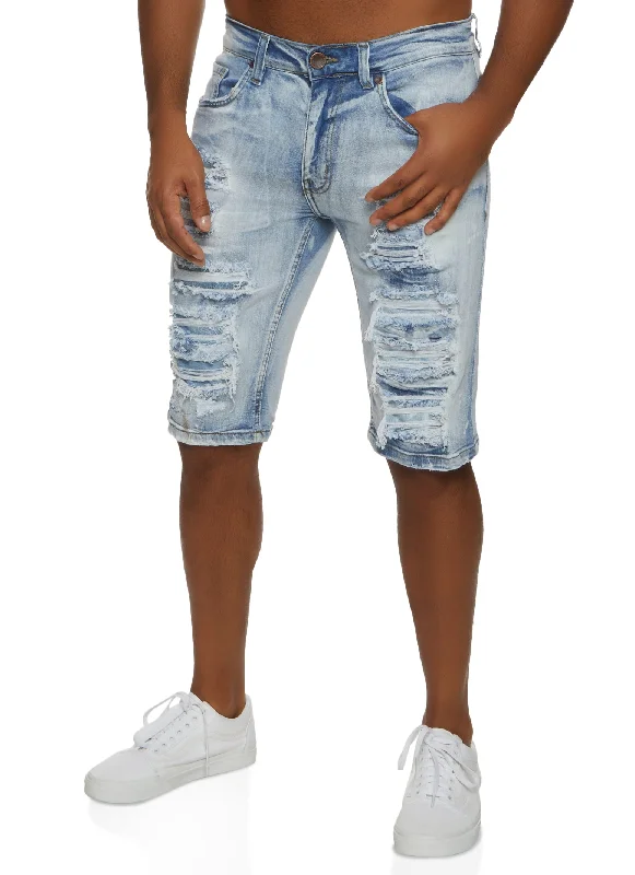 Mens Acid Wash Distressed Denim Shorts