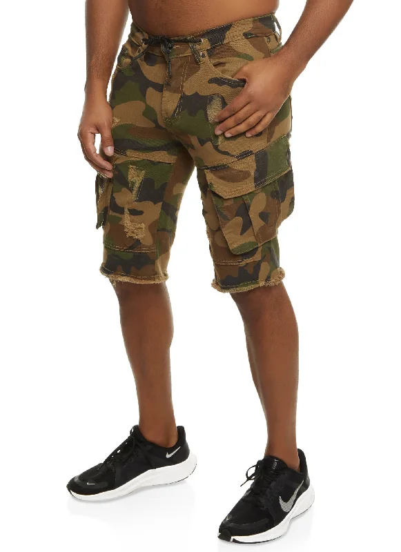 Mens Denim Distressed Camo Cargo Shorts